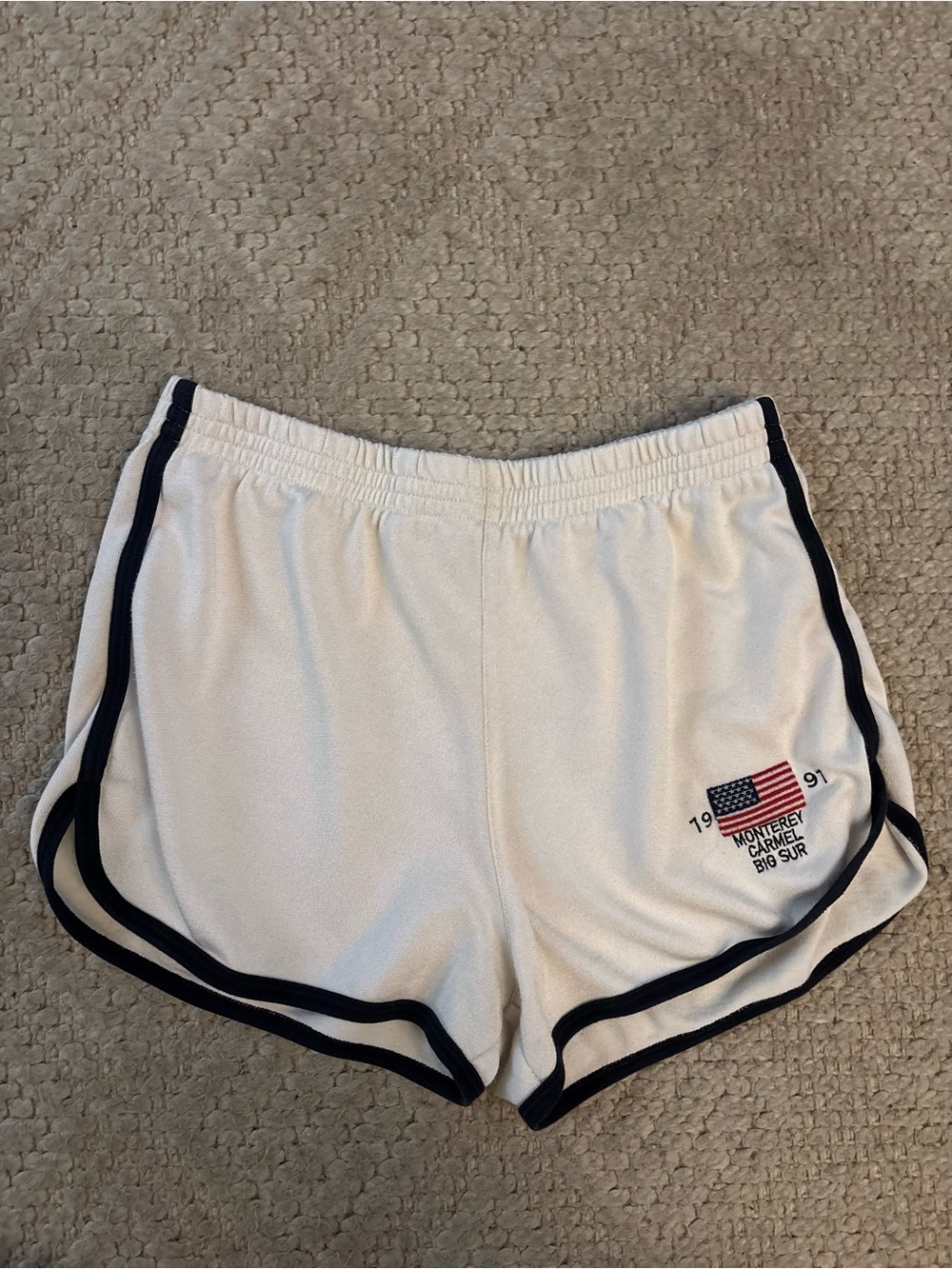 Brandy Melville White Athletic Shorts with Navy Trim and Flag Patch - Picture 1 of 4